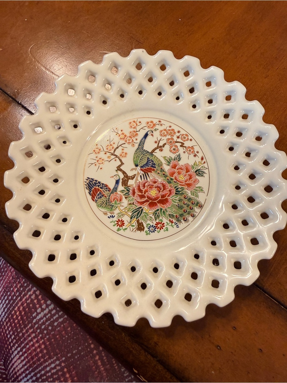 Porcelain Reticulated Plate 6” Plate Floral Peacock Pattern